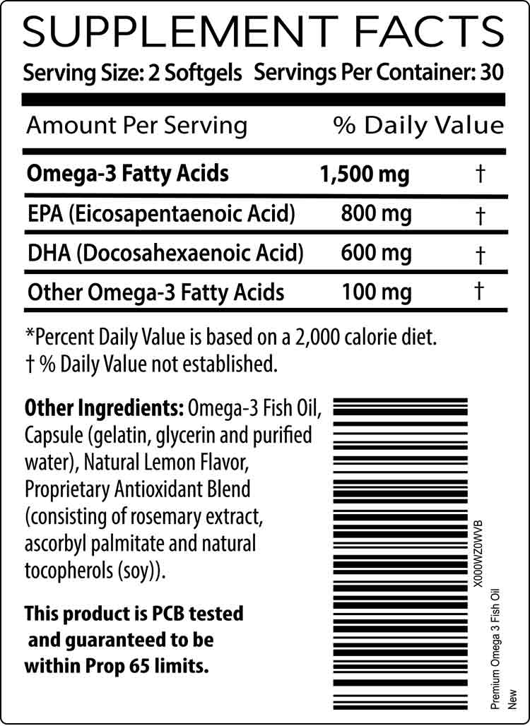 Super Premium Omega 3 Fish Oil Supplement Facts Panel